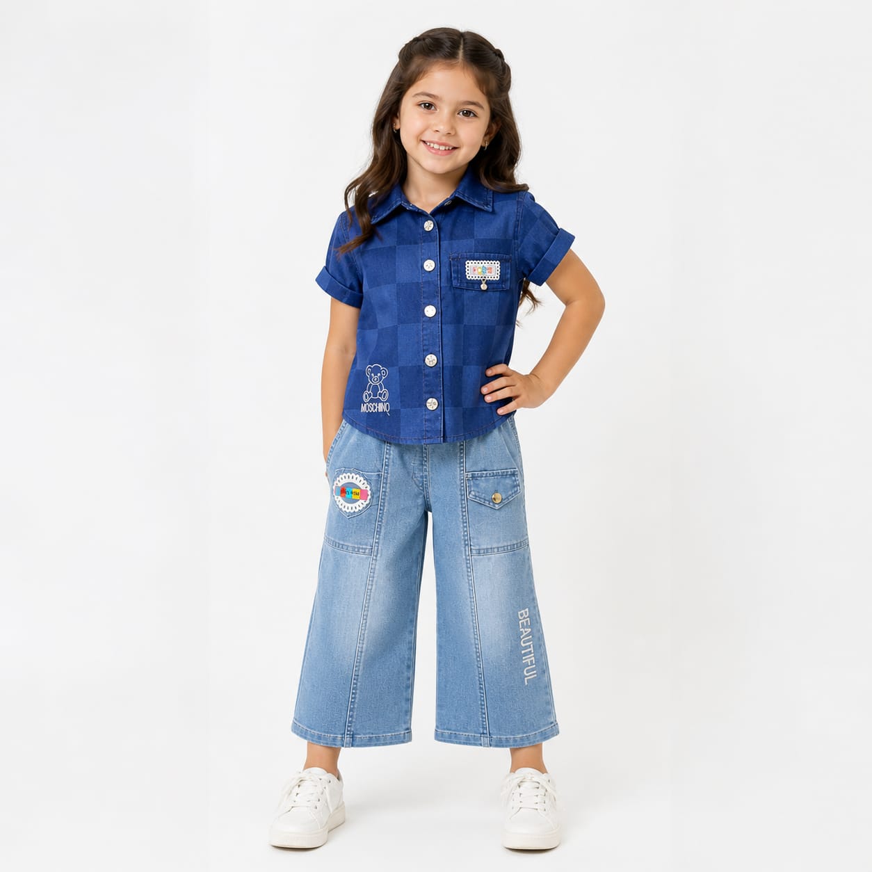 Mama Hug Girls Premium Denim Co-Ord Set | Checked Shirt with Wide Leg Denim Palazzo Set for Girls (8-11 Years)
