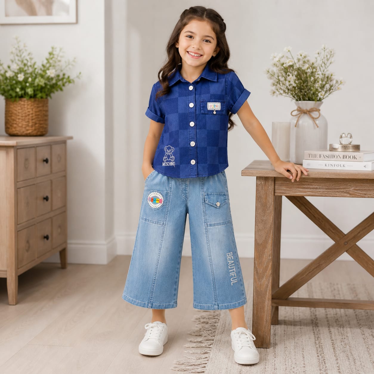 Mama Hug Girls Premium Denim Co-Ord Set | Checked Shirt with Wide Leg Denim Palazzo Set for Girls (8-11 Years)