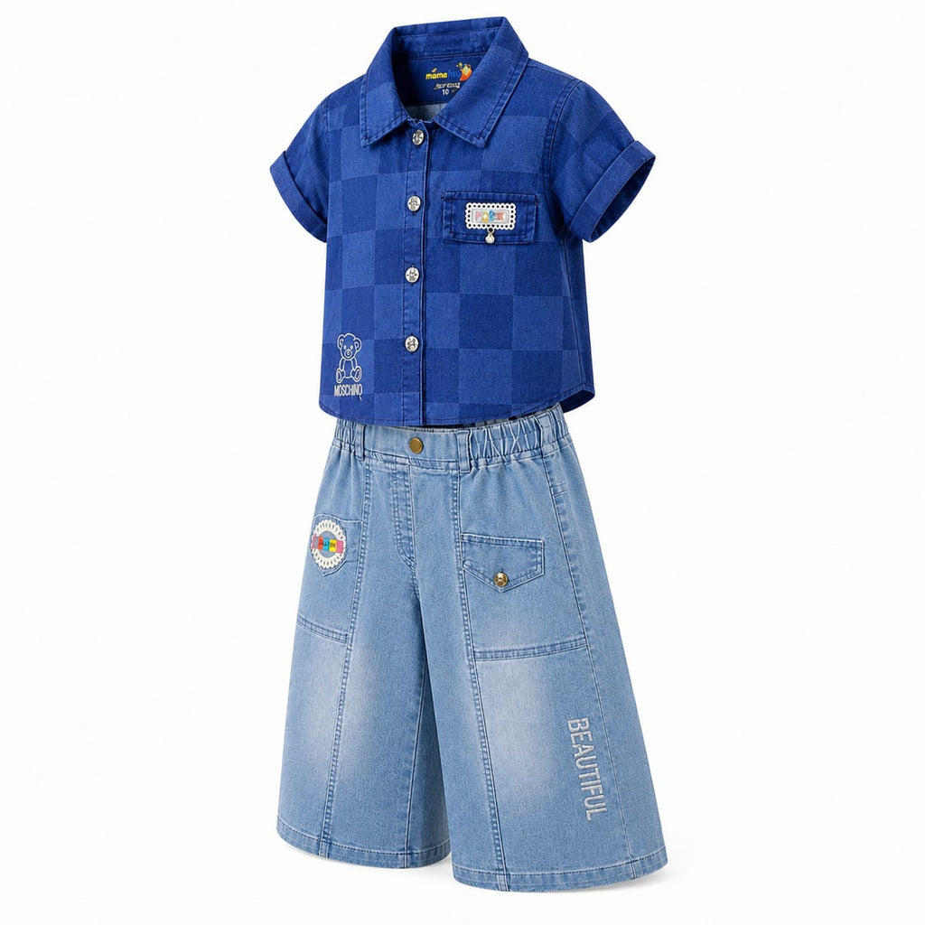 Mama Hug Girls Premium Denim Co-Ord Set | Checked Shirt with Wide Leg Denim Palazzo Set for Girls (8-11 Years)