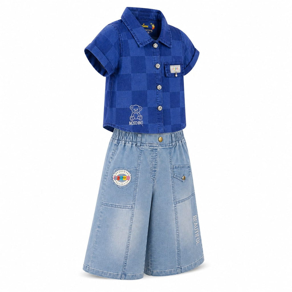 Mama Hug Girls Premium Denim Co-Ord Set | Checked Shirt with Wide Leg Denim Palazzo Set for Girls (8-11 Years)