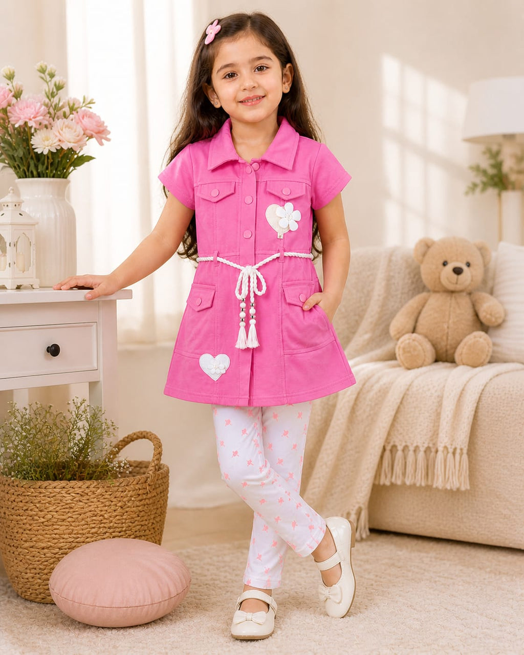 Mama Hug Girls Premium Tunic & Leggings Set | Cute Flower Pocket Co-Ord Dress Set for Girls (4–7 Years)