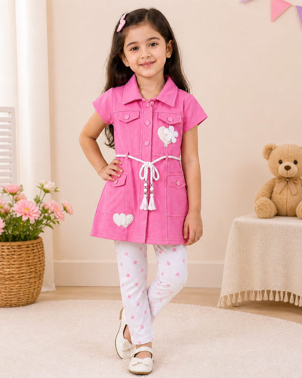 Mama Hug Girls Premium Tunic & Leggings Set | Cute Flower Pocket Co-Ord Dress Set for Girls (4–7 Years)