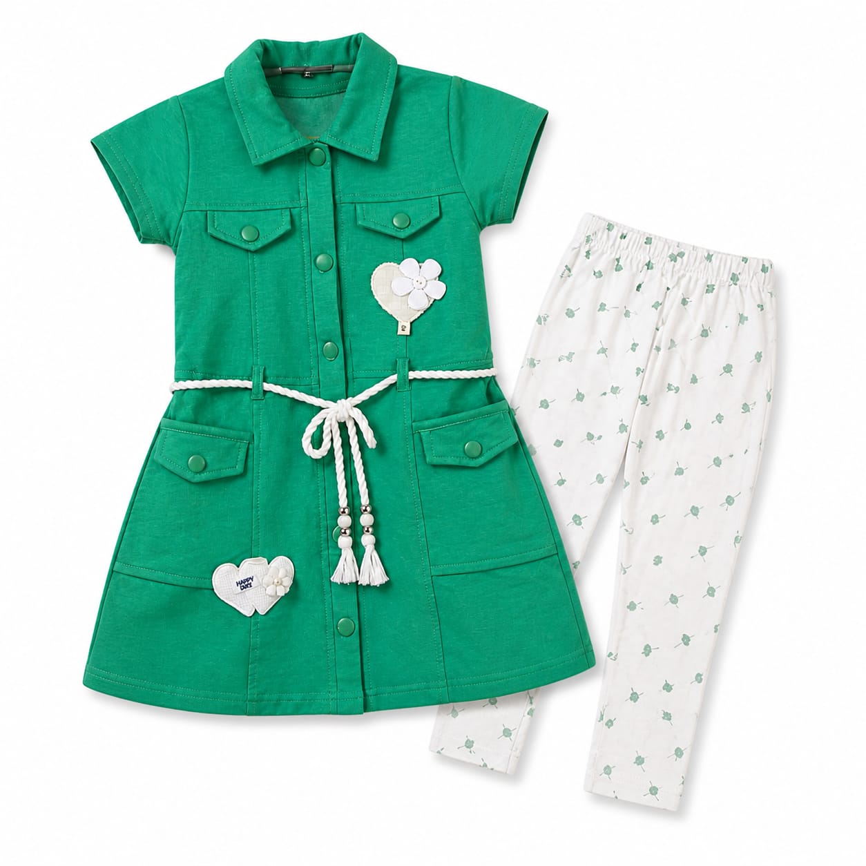 Mama Hug Girls Premium Tunic & Leggings Set | Cute Flower Pocket Co-Ord Dress Set for Girls (4–7 Years)