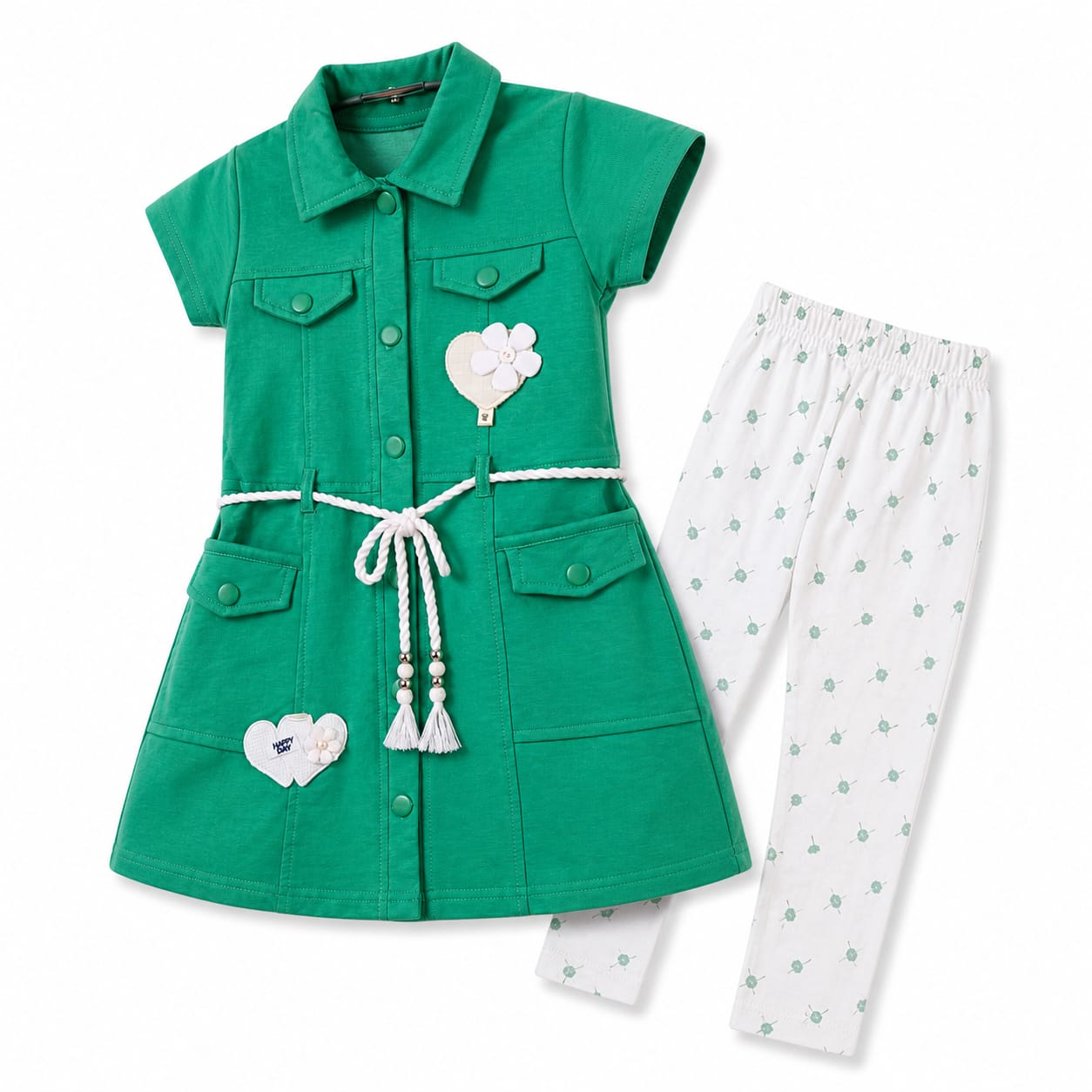 Mama Hug Girls Premium Tunic & Leggings Set | Cute Flower Pocket Co-Ord Dress Set for Girls (4–7 Years)