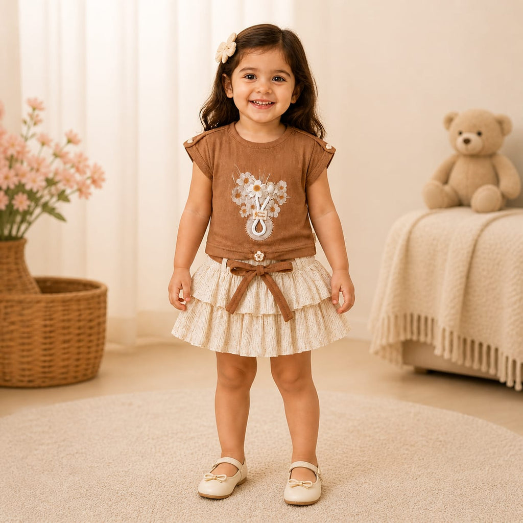 Mama Hug Girls Premium Floral Top & Layered Skirt Co-Ord Set | Soft Summer Party Wear Outfit (5–8 Years)