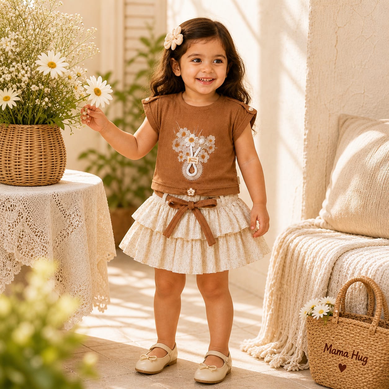 Mama Hug Girls Premium Floral Top & Layered Skirt Co-Ord Set | Soft Summer Party Wear Outfit (5–8 Years)