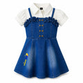 Mama Hug Girls Premium Denim Pinafore Dress with White Inner Top | Stylish Western Party Wear Dress (2–8 Years)