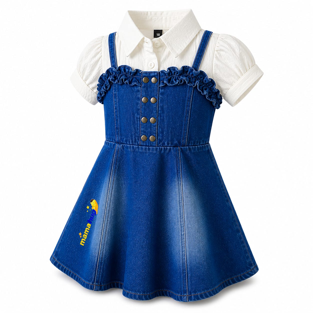 Mama Hug Girls Premium Denim Pinafore Dress with White Inner Top | Stylish Western Party Wear Dress (2–8 Years)