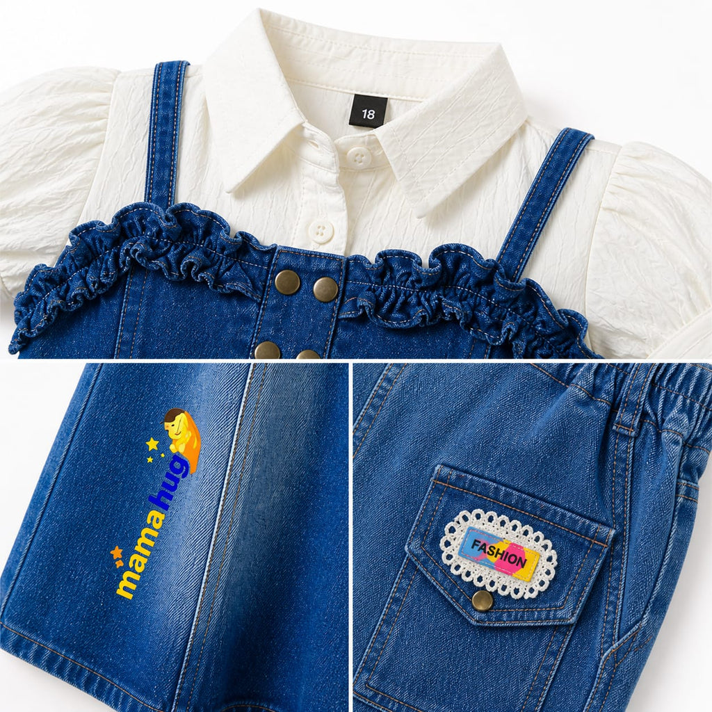 Mama Hug Girls Premium Denim Pinafore Dress with White Inner Top | Stylish Western Party Wear Dress (2–8 Years)