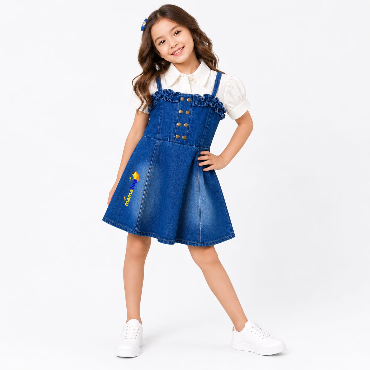 Mama Hug Girls Premium Denim Pinafore Dress with White Inner Top | Stylish Western Party Wear Dress (2–8 Years)