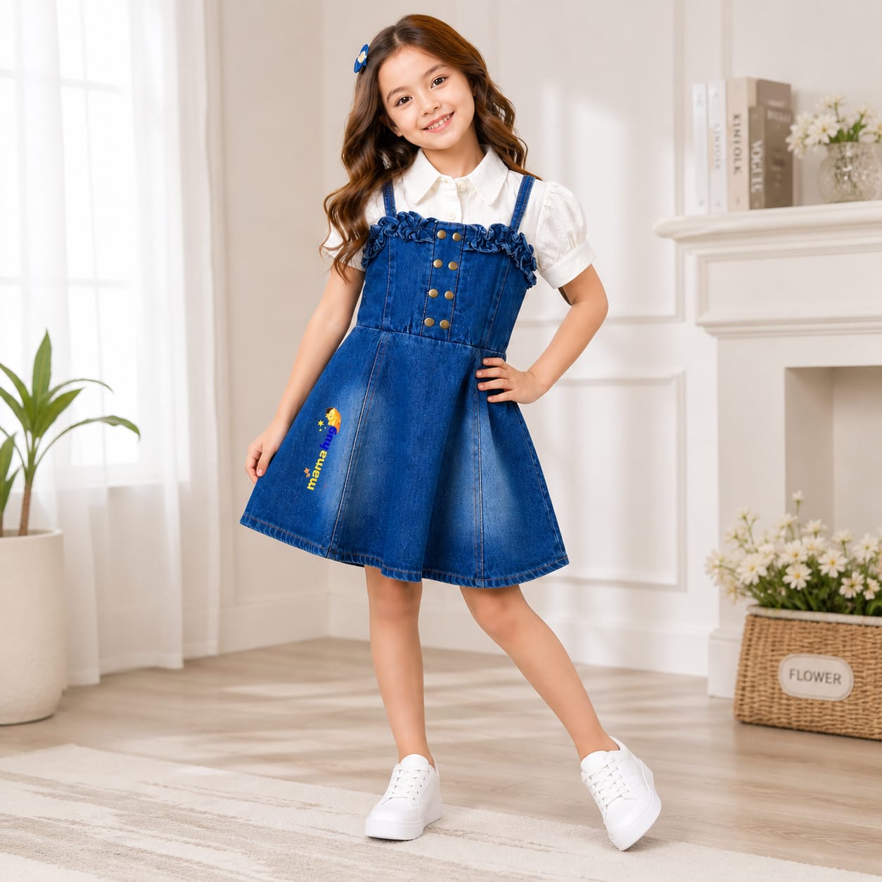 Mama Hug Girls Premium Denim Pinafore Dress with White Inner Top | Stylish Western Party Wear Dress (2–8 Years)