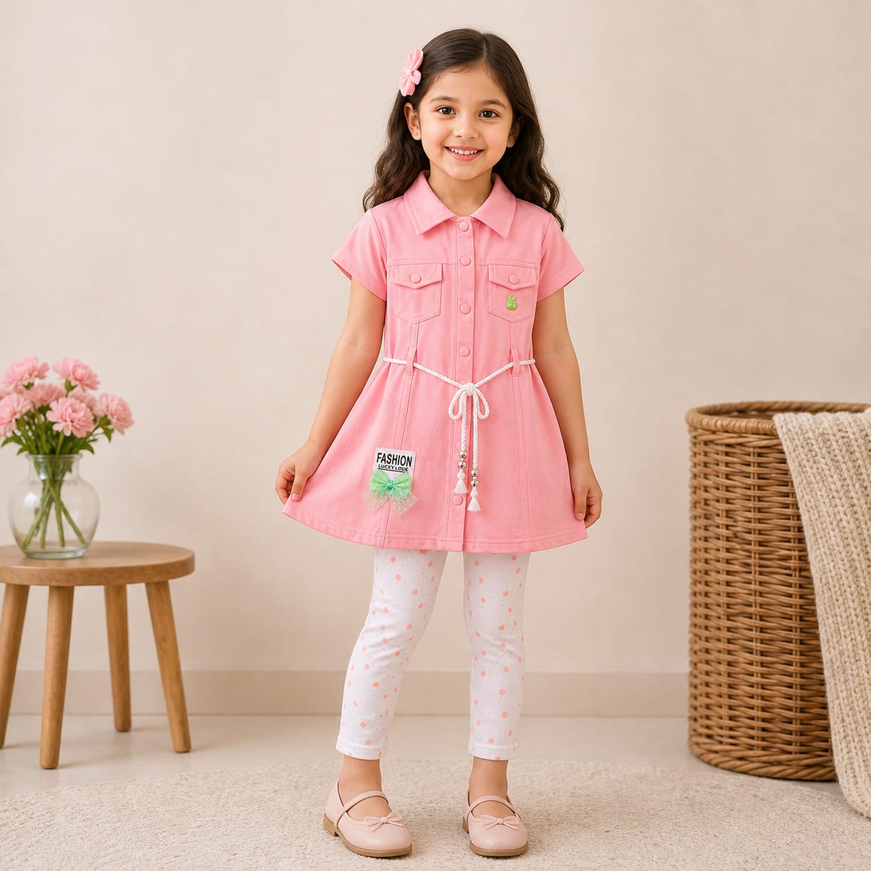Mama Hug Girls Cotton Tunic Top with Printed Leggings Set | Stylish Casual Co-ord Outfit for Girls (7–10 Years)