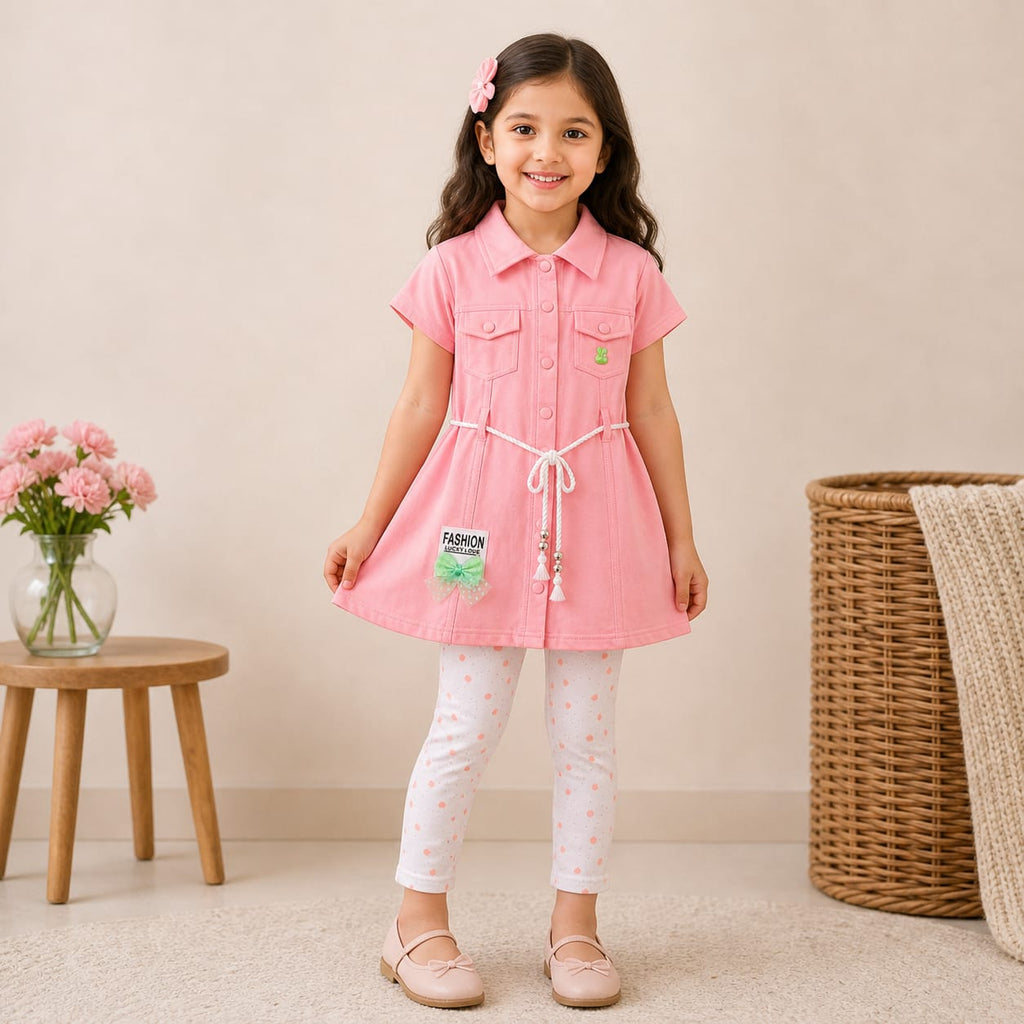 Mama Hug Girls Cotton Tunic Top with Printed Leggings Set | Stylish Casual Co-ord Outfit for Girls (7–10 Years)