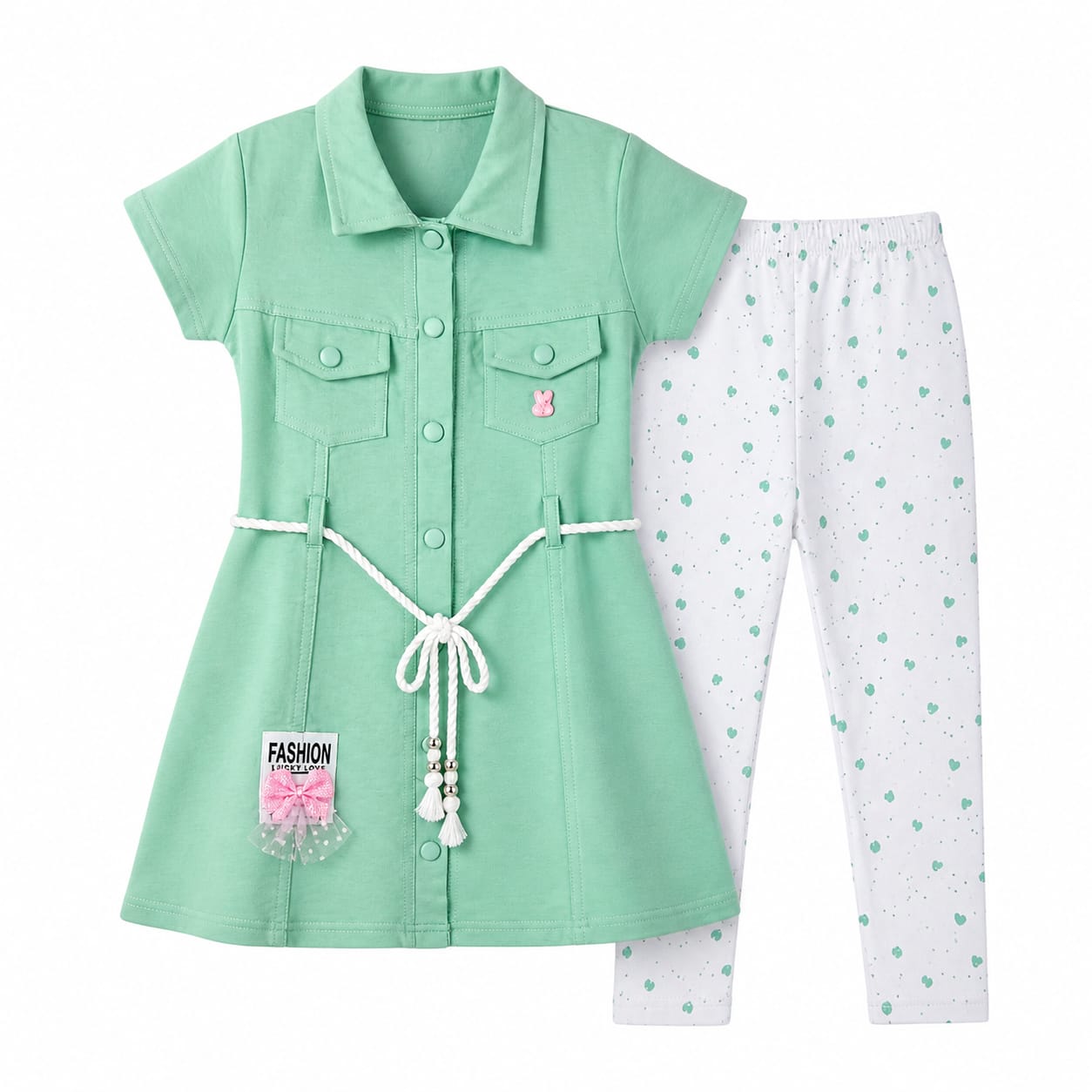 Mama Hug Girls Cotton Tunic Top with Printed Leggings Set | Stylish Casual Co-ord Outfit for Girls (7–10 Years)
