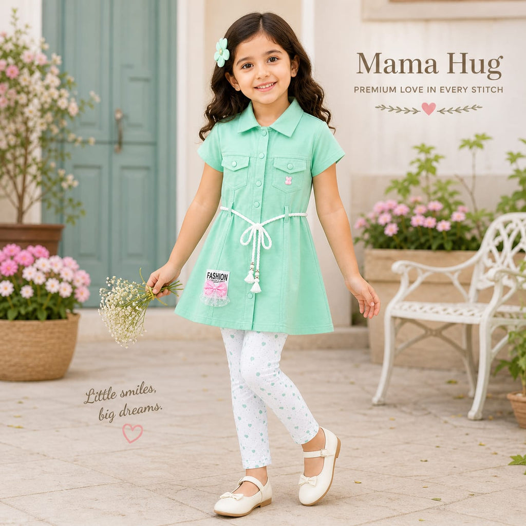 Mama Hug Girls Cotton Tunic Top with Printed Leggings Set | Stylish Casual Co-ord Outfit for Girls (7–10 Years)