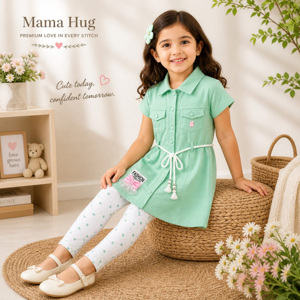 Mama Hug Girls Cotton Tunic Top with Printed Leggings Set | Stylish Casual Co-ord Outfit for Girls (7–10 Years)