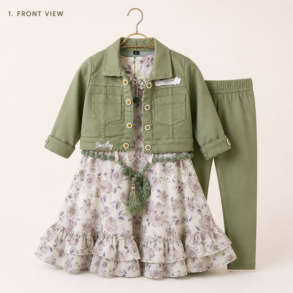 Mama Hug Girls Floral Layered Dress with Jacket & Leggings Set | Premium 3-Piece Party Wear Outfit for Girls (5–8 Years)