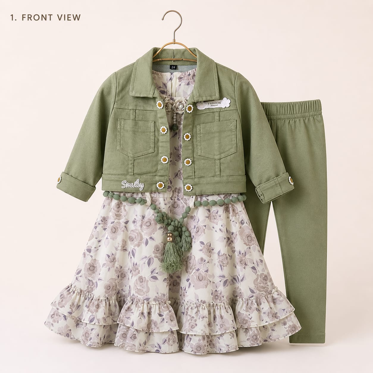Mama Hug Girls Floral Layered Dress with Jacket & Leggings Set | Premium 3-Piece Party Wear Outfit for Girls (5–8 Years)