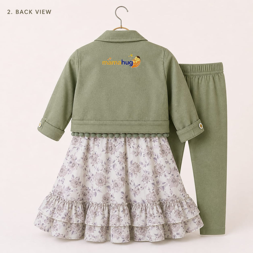 Mama Hug Girls Floral Layered Dress with Jacket & Leggings Set | Premium 3-Piece Party Wear Outfit for Girls (5–8 Years)