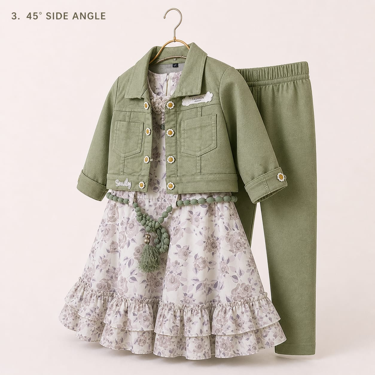 Mama Hug Girls Floral Layered Dress with Jacket & Leggings Set | Premium 3-Piece Party Wear Outfit for Girls (5–8 Years)