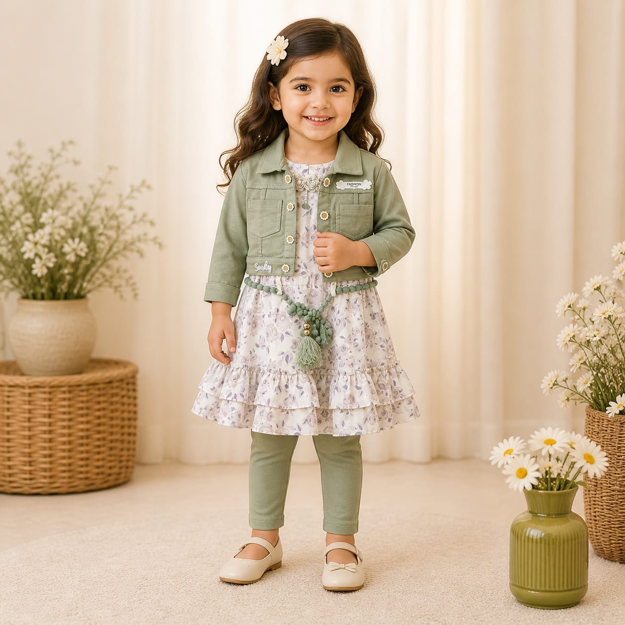 Mama Hug Girls Floral Layered Dress with Jacket & Leggings Set | Premium 3-Piece Party Wear Outfit for Girls (5–8 Years)