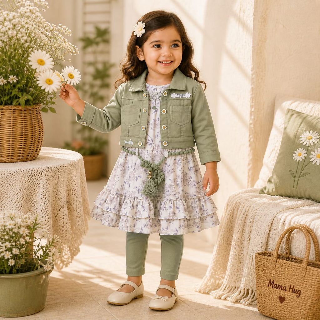 Mama Hug Girls Floral Layered Dress with Jacket & Leggings Set | Premium 3-Piece Party Wear Outfit for Girls (5–8 Years)