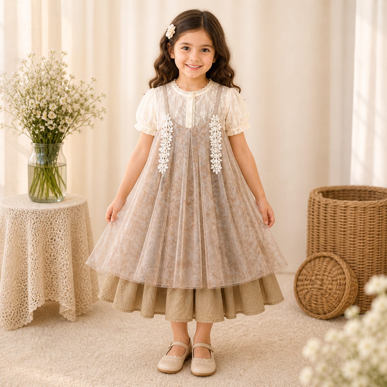 Mama Hug Girls Premium Lace Layered Party Dress | Elegant Princess Occasion Dress for Girls (4–9 Years)