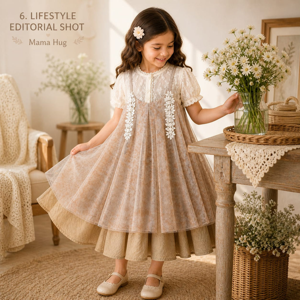 Mama Hug Girls Premium Lace Layered Party Dress | Elegant Princess Occasion Dress for Girls (4–9 Years)