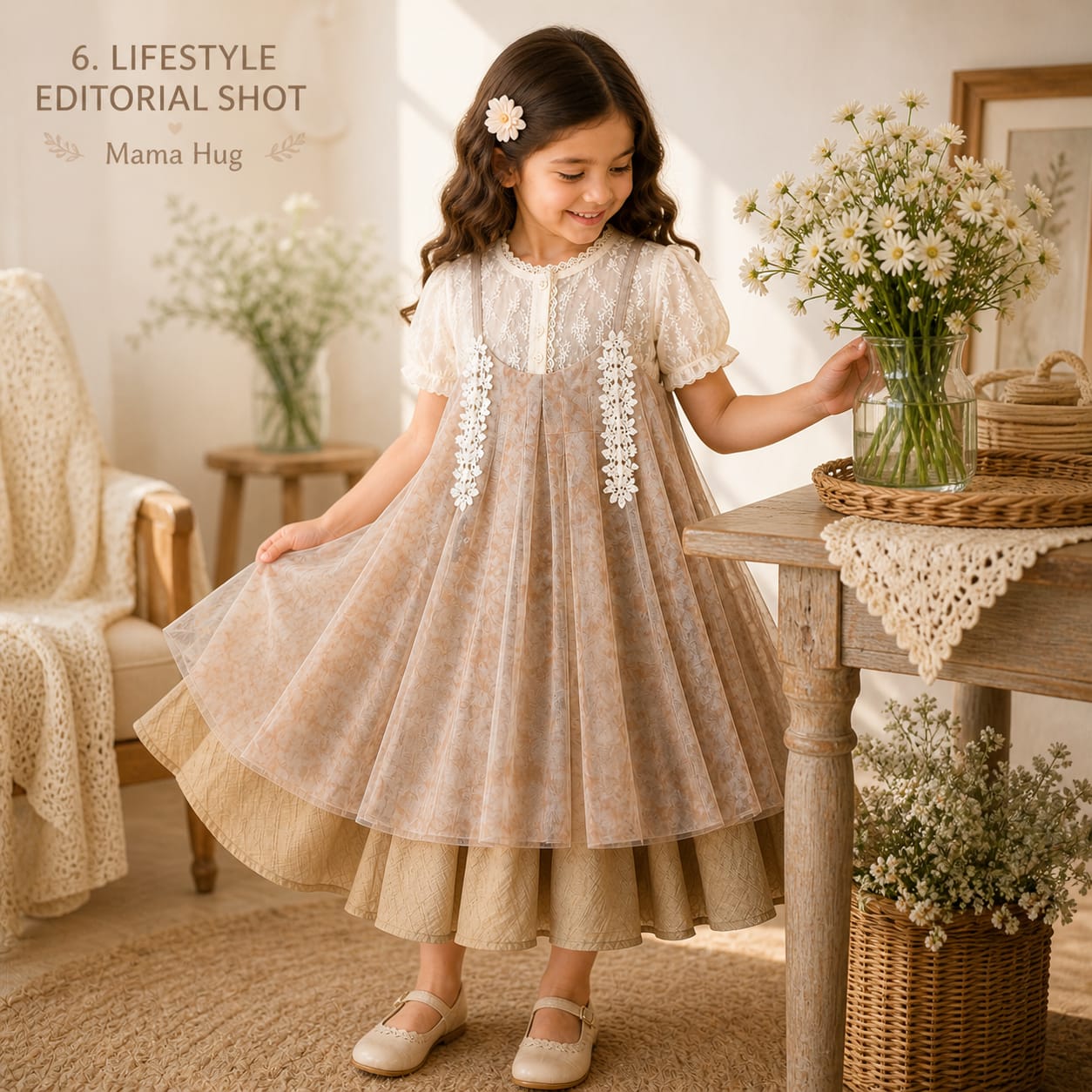 Mama Hug Girls Premium Lace Layered Party Dress | Elegant Princess Occasion Dress for Girls (4–9 Years)