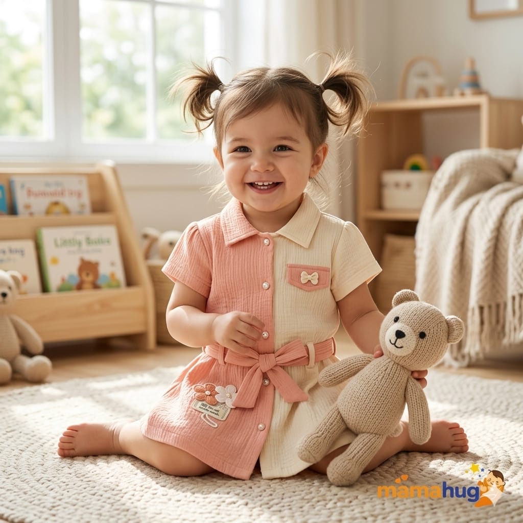 Mama Hug Girls Cotton Shirt Dress with Legging Set | Summer Co-Ord Outfit | Soft & Stylish | 3–4 Years (Peach)