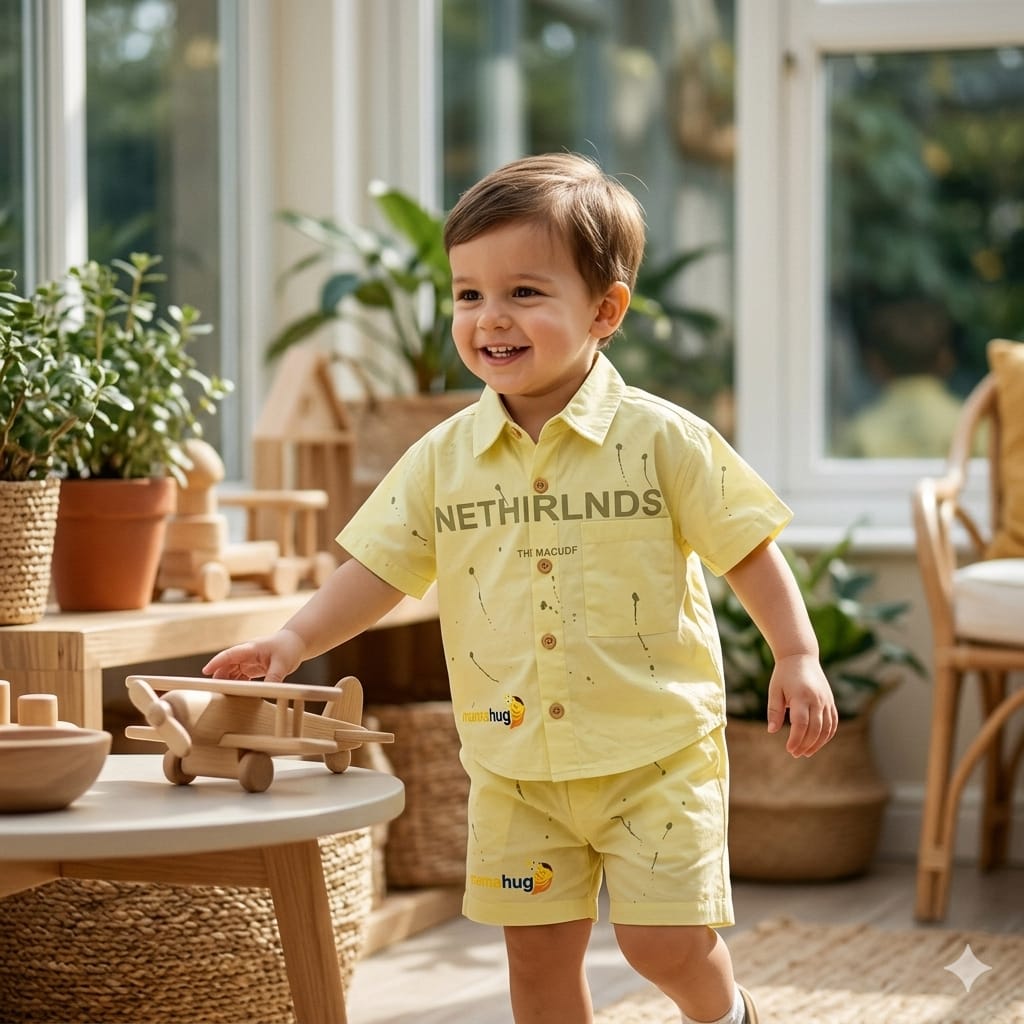 Mama Hug Boys Premium Summer Co-ord Set | Kids Printed Shirt & Shorts Set | Soft Cotton Casual Outfit (1–6 Years)
