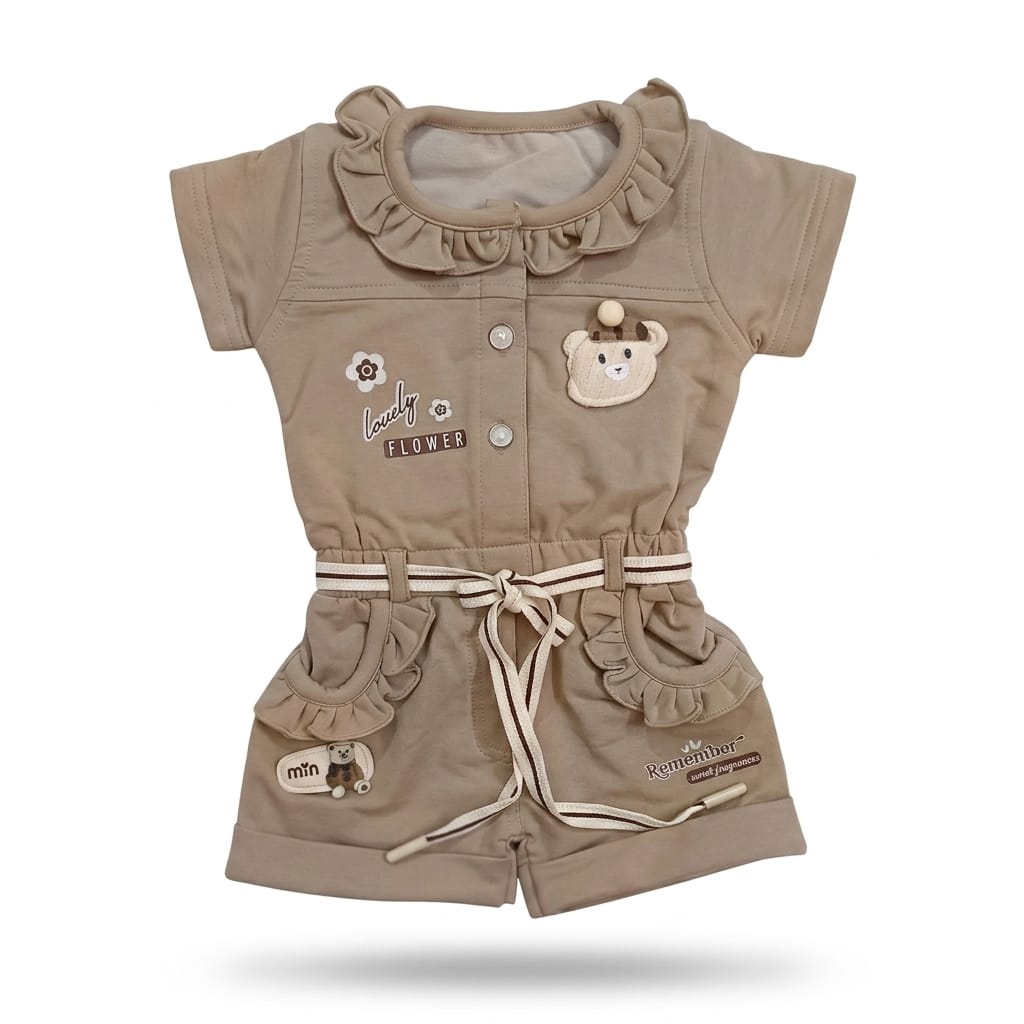 Mama Hug Girls Ruffle Romper | Premium Teddy Patch Cotton Playsuit for Girls (3–6 Years)