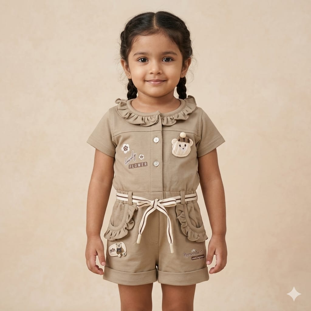 Mama Hug Girls Ruffle Romper | Premium Teddy Patch Cotton Playsuit for Girls (3–6 Years)